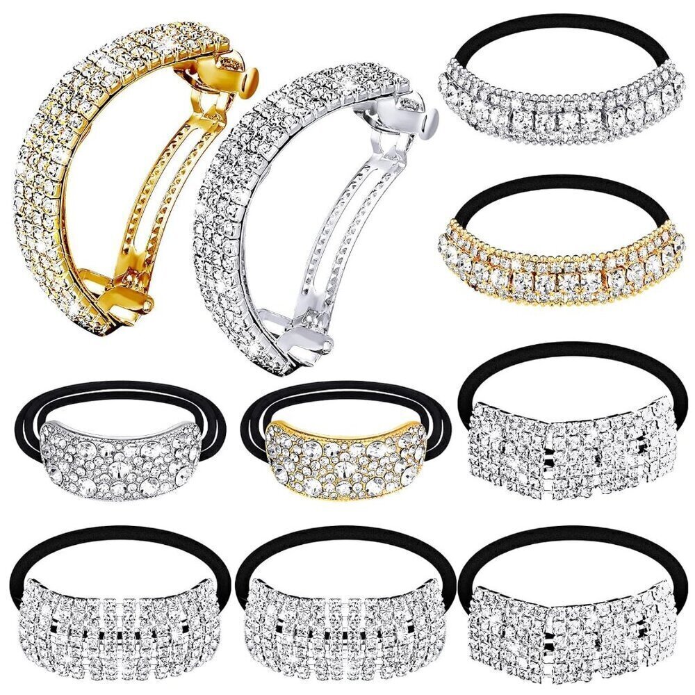 10 Pcs Rhinestones Hair Ties Bling Hair Bands and Clip Barrettes Glitter Crystal